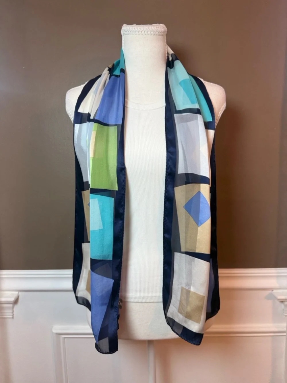 Echo Silk Scarf Y2K Geometric‎ Blue Green Sheer Lightweight